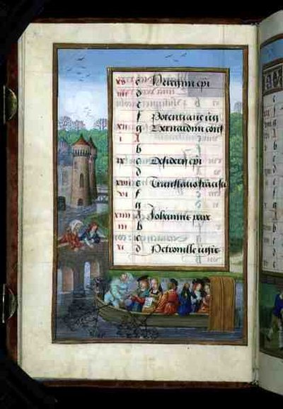 Ms 1058-1975 f5v Una Festa in Barca su un Fiume, pagina del calendario illuminata per Maggio, da un Libro d