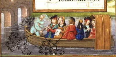 Ms 1058-1975 f.5v Musicisti che Navigano su un Fiume, da un 