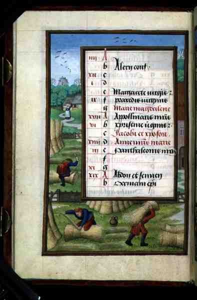 Legatura e trasporto di covoni, pagina del calendario illuminata per luglio, da un Libro d