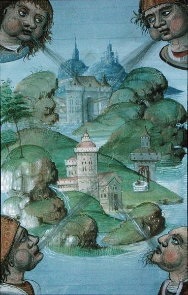 Ms Hunter 9 f.47v Quattro venti che soffiano agli angoli su un paesaggio circondato dal mare, da 