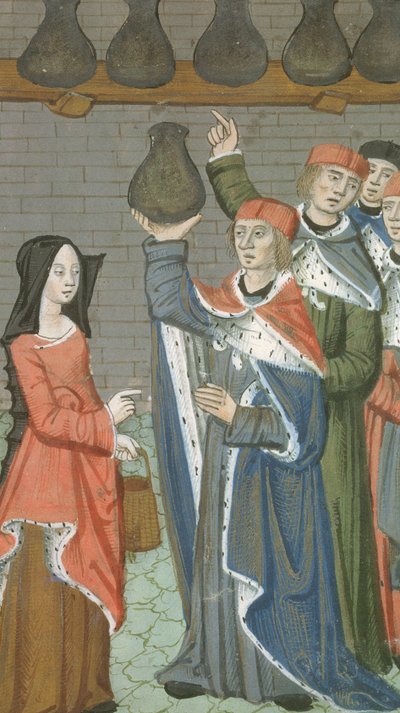 Donna con cesto che porta urinalis magnus, da De Medina Fen I. II, di Avicenna (980-1037) da Flemish School