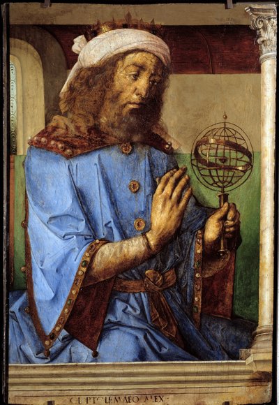Ritratto di Tolomeo (Claudio Tolomeo, ca. 90-168), astronomo greco. Pittura di Pedro Berruguete (ca. 1450-prima del 1504) e Just Of Ghent (1435-1480) Ec. Flam da Flemish School
