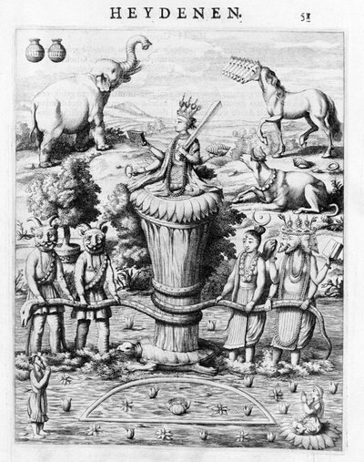 Samudramathana, con la partecipazione di Deva (Surya, Shiva, Vishnu, Brahma) con demoni e cavalcature. Secondo Baldaeus Philippus Afgoderye der oost-indische Heydenen. Amsterdam 1672 da Flemish School