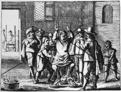 Stregone torturato con il collare - incisione del 1725 in 