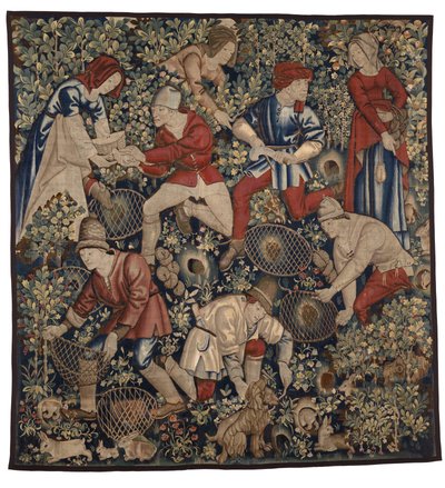 Arazzo che raffigura contadini che cacciano conigli con furetti, Tournai, c.1450-75 (lana) da Flemish School