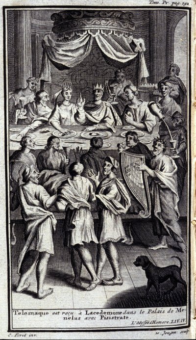Telemaco è ricevuto a Lacedemone nel palazzo di Menelao con Pisistrato. Illustrazione per il libro IV dell