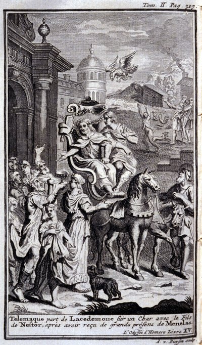 Telemaco lascia Lacedemone su un carro con il figlio di Nestore dopo aver ricevuto grandi doni da Menelao. Illustrazione per il libro XV dell