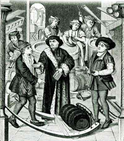 Il vescovo di Tournai riceve la decima della birra concessa dal re Chilperico, da una vetrata della Cattedrale di Tournai da Flemish School