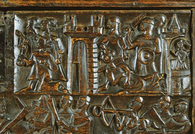 Il baule di Courtrai che raffigura i soldati di fanteria fiamminghi che sconfiggono la cavalleria francese (dettaglio) da Flemish School