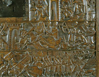 Il baule di Courtrai che raffigura la rivolta a Bruges il 18 maggio, durante la Battaglia degli Speroni d