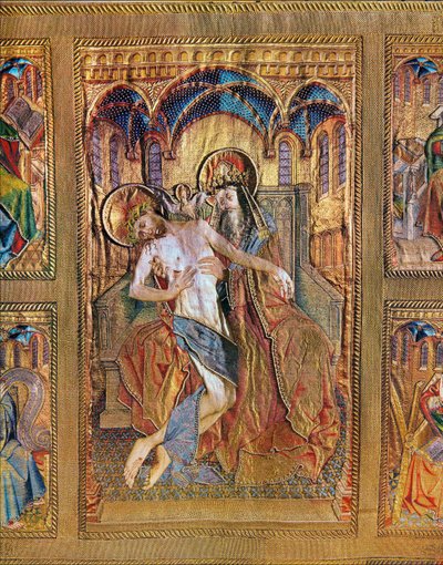 Trono della Misericordia, padrino che tiene il figlio sulle ginocchiaAltar paliotto dei paramenti da messa borgognoni... (ricamo su lino, filo d