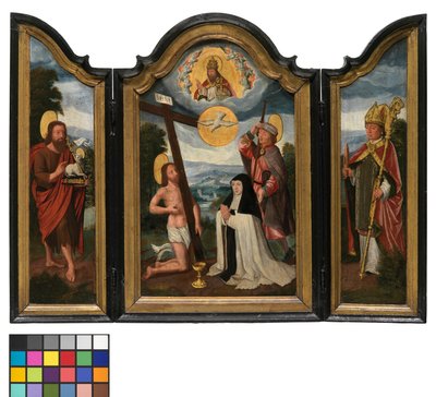 Trittico con la Santissima Trinità, una Suora Ospedaliera e il Santo Patrono da Flemish School