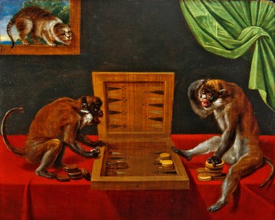 Due scimmie che giocano a tric trac su un tavolo da Flemish School