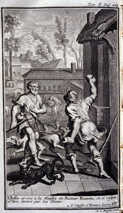 Ulisse arriva alla casa del pastore Eumeo, o potrebbe essere divorato dai cani. Illustrazione per il libro XIV dell