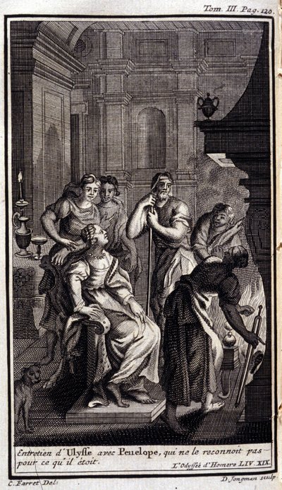 Ulisse parla con Penelope, che non lo riconosce. Illustrazione per il libro XIX dell
