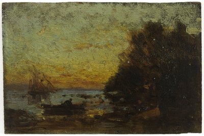 Barca e barche a vela, tramonto. Sul retro: Marina, tra il 1850 e il 1860 da Félix Ziem