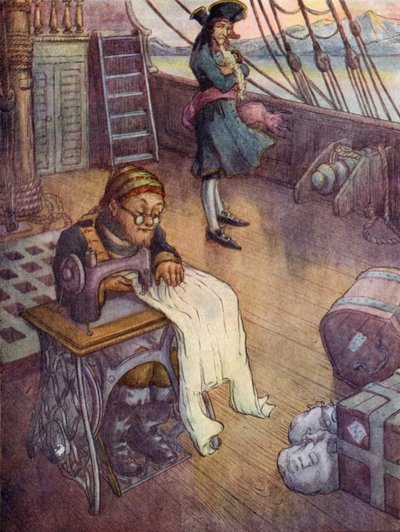 Smee, il nostromo al lavoro sulla sua macchina da cucire da Flora White