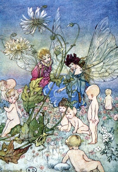 Donna-libellula (fata) e elfo circondati da bambini - in “Il mio mondo delle fate” di Fiona Malcom, ill. Florence Anderson da Florence Anderson