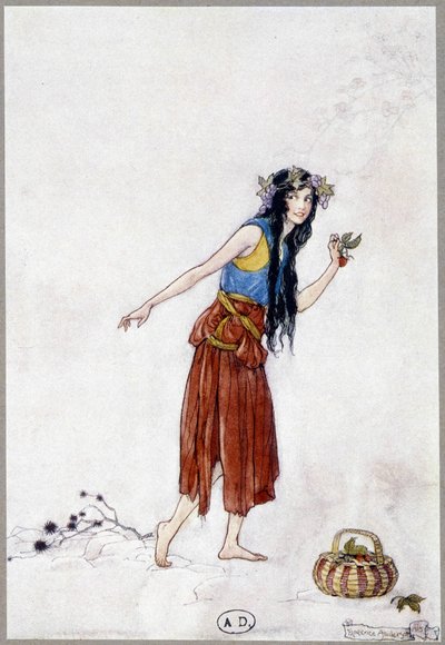 Ragazza nella neve con fragola, "Il mio mondo delle fiabe" di Fiona Malcom, illustrazione di Florence Anderson da Florence Anderson
