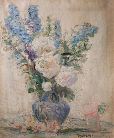 Rose bianche e Delphinium da Florence Engelbach