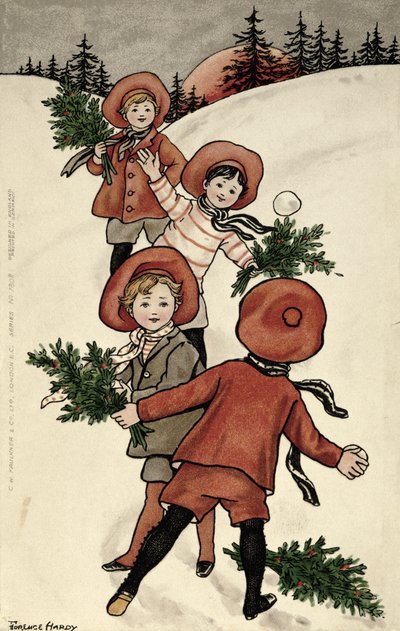 Bambini con agrifoglio che lanciano palle di neve da Florence Hardy