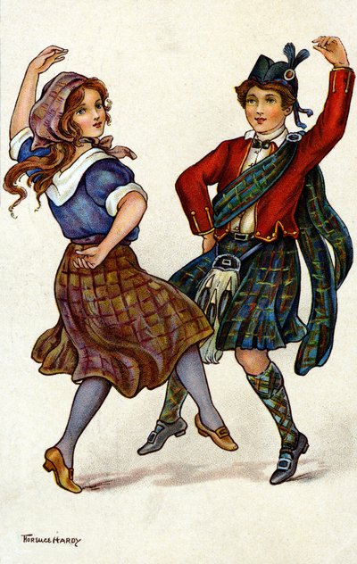 Coppia che balla in costume tradizionale scozzese. Cromolitografia di Florence Hardy da Florence Hardy