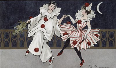 Cartolina raffigurante Pierrot e il suo compagno, c.1900 da Florence Hardy