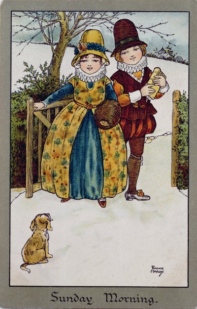 Domenica mattina, cartolina vittoriana (litografia a colori) da Florence Hardy