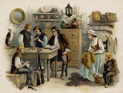 Scena da La famiglia Robinson svizzera: Il padre legge alla famiglia nel Castello di Roccia da Florence Maplestone