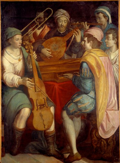 Concerto. Musicisti con liuto, spinetta, trombone e viola da gamba. Dipinto anonimo della scuola fiorentina 1550-1600 da Florentine School