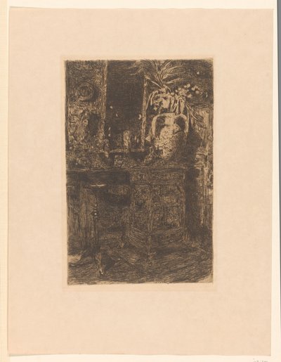 Interno di atelier con stufa, camino e vaso di fiori da Floris Verster