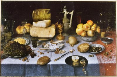 Olandese: Natura morta con frutta, formaggio, pane e vino Tavola imbandita con formaggio e frutta da Floris van Dyck