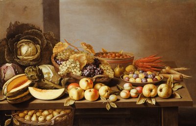 Ciotole di frutta e noci su un tavolo di legno con un cesto di pere sotto da Floris Gerritsz van Schooten