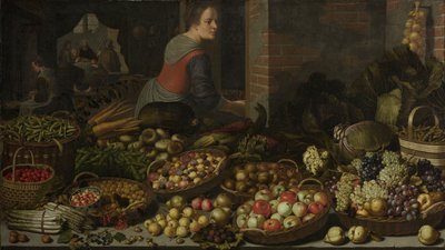 Natura Morta con Frutta e Verdura, con Cristo a Emmaus sullo Sfondo, c. 1630 da Floris Gerritsz van Schooten