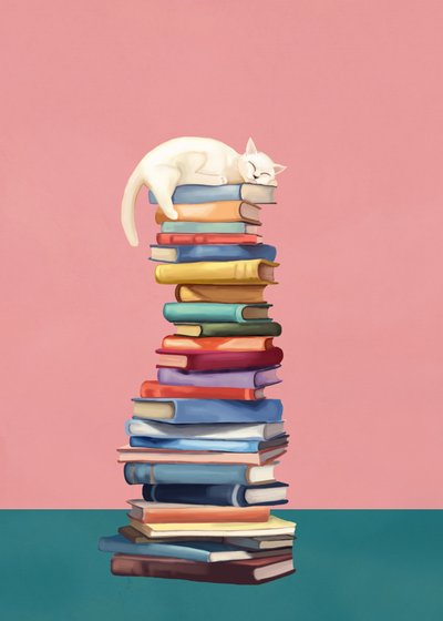 Gattino coccolone su libri colorati da Flow Line