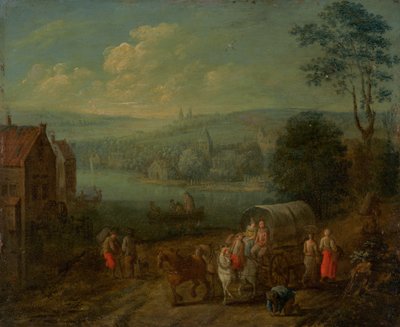 Paesaggio fluviale con villaggi e viaggiatori [verso] da Follower of Peeter Gysels