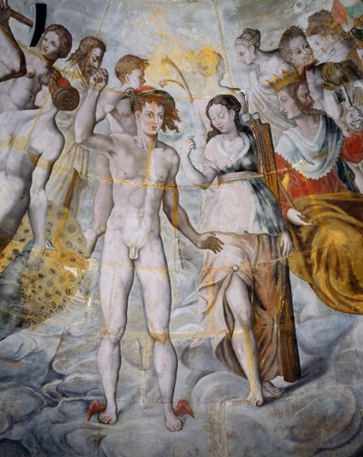 Mercurio, messaggero degli dei e Psiche, Giano a destra, affreschi nella torre dorata della Ligue, Scuola di Fontainebleau, Castello di Tanlay (XVI-XVII secolo), Borgogna, Francia da Fontainebleau School