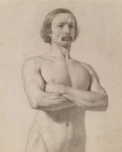 Studio accademico di nudo, mezzo busto con baffi e braccia incrociate, 1849 da Ford Madox Brown