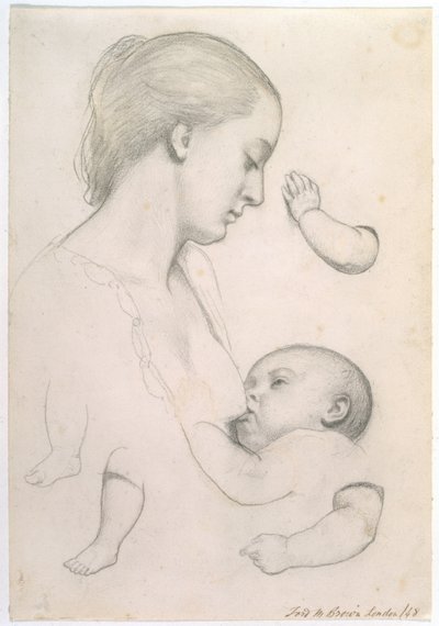 Pasto del neonato - Studio di una madre e un bambino con studi separati di braccio e gamba del bambino, 1848 da Ford Madox Brown
