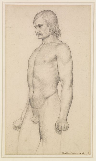 Nudo maschile - Studio accademico, nudo di tre quarti, con baffi e pugni stretti da Ford Madox Brown