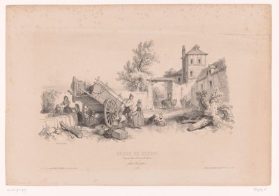 Fattoria con pozzo, carro di fieno e varie figure da Fortuné Ferogio