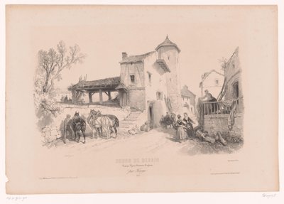 Strada del villaggio con cavalli e varie figure (serie Tekencursus con studi di paesaggi, animali e dettagli) da Fortuné Ferogio