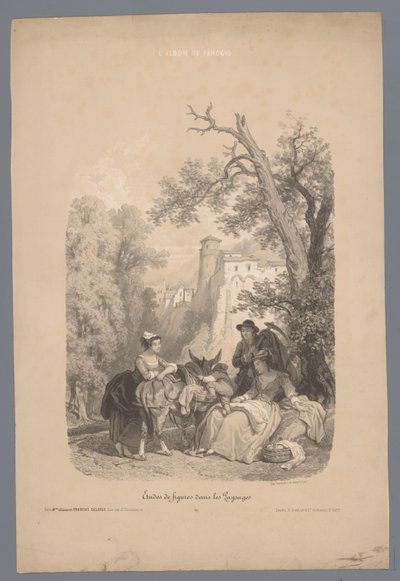 Compagnia con un asino davanti a un villaggio di montagna italiano (serie: Studi di figure in un paesaggio) da Fortuné Ferogio