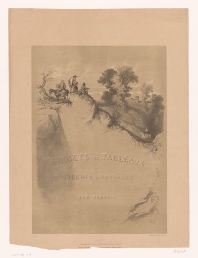 Frontespizio con paesaggio roccioso e viaggiatori lungo una gola (serie Studi di paesaggi e figure di Férogi) da Fortuné Ferogio