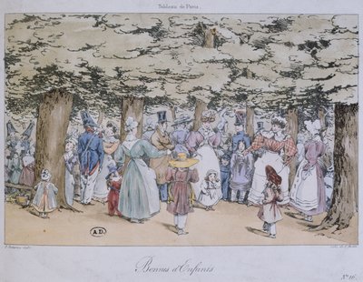 Bambini e bambinaie nel parco, dalla serie Tableau de Paris, inciso da C. Motte da Fortune Delarue
