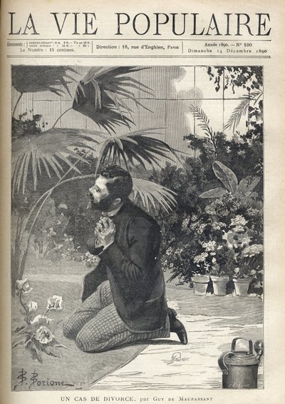 Un uomo disperato prega in ginocchio in una serra. Illustrazione di F. Meaulle dopo B. Borione per "Un caso di divorzio" di Guy de Maupassant (1850-1893). Incisione del 1890 in "La vie populaire". Collezione privata da Fortune Louis Meaulle