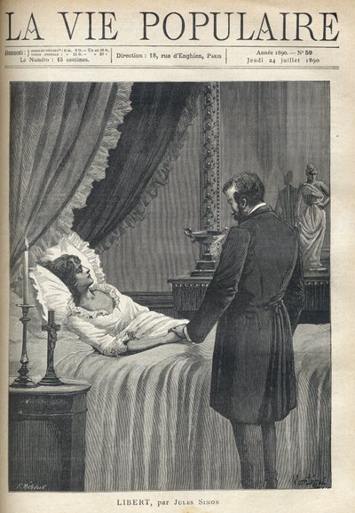 Un uomo sopraffatto dalla tristezza, in piedi al capezzale di un letto, tiene la mano della sua amata defunta. Sul comodino, una candela accesa e un crocifisso. Sullo stipite del camino, una coppa e una scultura di donna in costume antico. Illustrazione da Fortune Louis Meaulle
