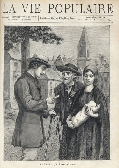 Una nutrice che tiene un neonato, accompagnata dal padre, un vecchio contadino, con uno sguardo determinato, incontra un uomo della borghesia che legge attentamente un documento, nella piazza di un villaggio provinciale. Illustrazione di Rene Schutzenberge da Fortune Louis Meaulle