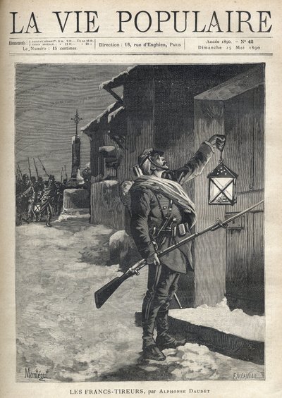 Un soldato, con tutto il suo equipaggiamento, un fucile con baionetta e una lanterna davanti alla porta chiusa di una casa di città. Dietro di lui, vicino alla Croce di Ferro, il resto della truppa arriva per unirsi a lui. Illustrazione di Montegut per Les da Fortune Louis Meaulle