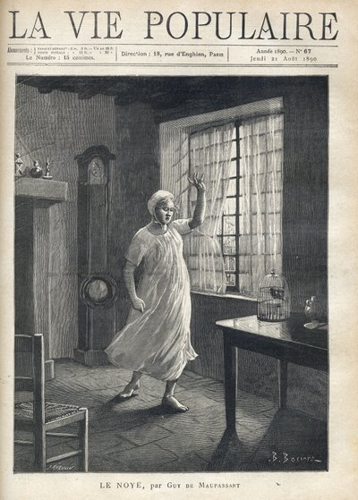 Una donna in camicia e berretto da notte, con un volto pieno di paura, occhi tristi e una mano alzata, si alza a piedi nudi davanti alla finestra della sua casa, attraverso la quale si vedono gli alberi delle barche. All